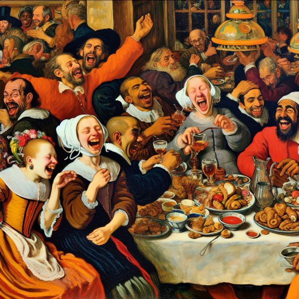 Een groep vrienden viert samen een maaltijd in een restaurant, omgeven door kleurrijke gerechten en lachen.
