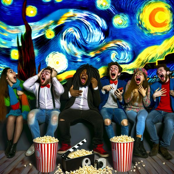 Vrolijke vrienden discussiëren over film met popcorn Vrolijke vrienden die staan te discussiëren over een film met grote popcornbakken en filmposters om hen heen, met verschillende uitdrukkingen van vreugde en verrassing.