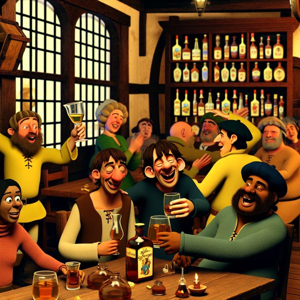 Vrolijke vrienden genieten van schnapps in een gezellige taverne Vrolijke vrienden in een gezellige taverne, proostend met schnapps en genietend van elkaars gezelschap.