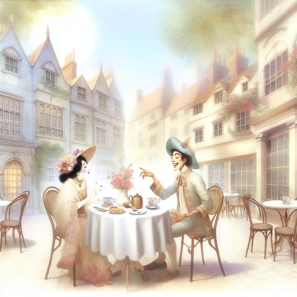 Vrolijk gesprek tussen vrienden in een vintage café Twee vrienden in een gezellig café, levendig in gesprek, omgeven door charmante oude gebouwen.