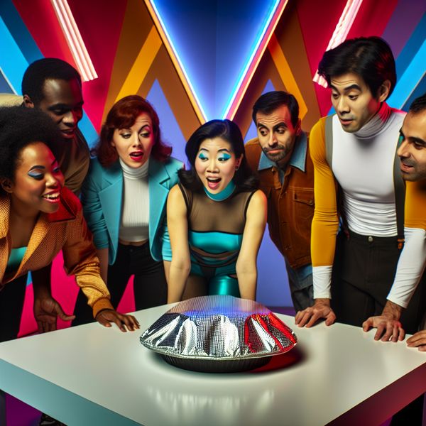 Groep van diverse vrienden rond een tafel met een bedekt gerecht, in een retro-futuristische setting, die nieuwsgierig en enthousiast kijken.
