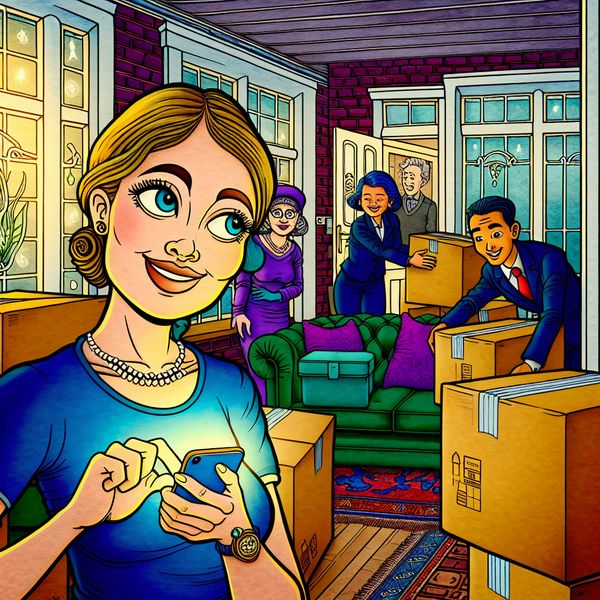 Vrouw in een levendige woonkamer vol verhuisdozen, versneld kijkend naar haar telefoon terwijl ze haar vrienden om hulp vraagt.