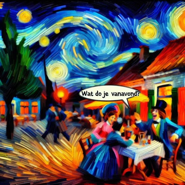 Vraag stellen in een prachtig café Groep vrienden in een levendig café, met een vriend die een vraag stelt onder een sterrenlucht.