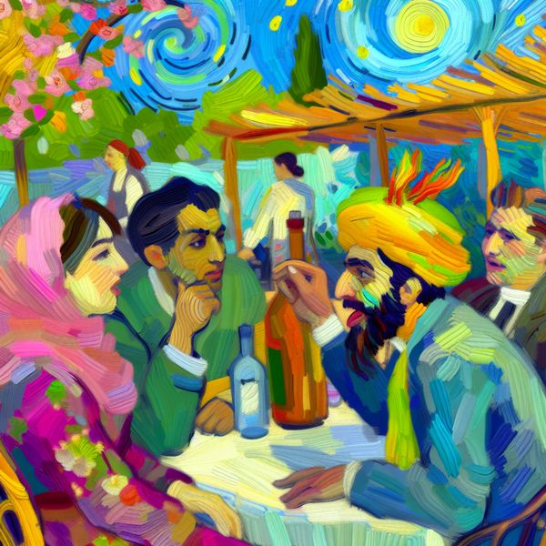 Vriendschap en Samenhorigheid in een Café Een levendige scène van vrienden die samen aan een tafel zitten in een café, met een sfeer van saamhorigheid en betekenisvolle gesprekken.