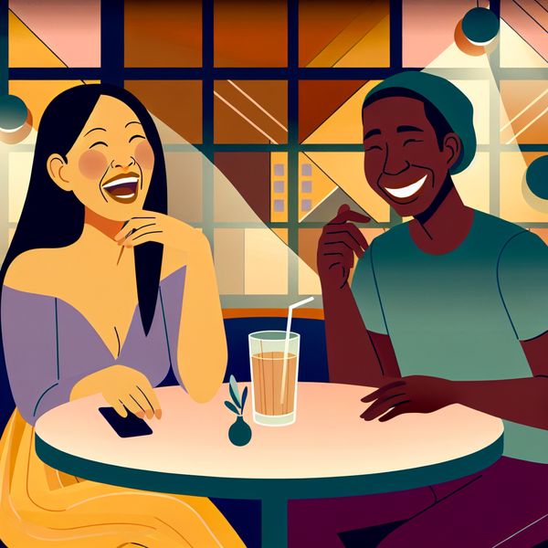 Vrienden in een gezellig café Twee vrienden in een gezellig café voeren een levendig gesprek, met een ontspannen sfeer en warme verlichting.