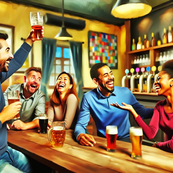 Vrolijk samenzijn in een gezellige pub met vrienden en bier Groep vrienden genietend van bier in een levendige pub, met zachte verlichting en houten tafels.
