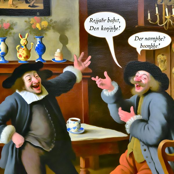 Vriendschap en Diminutieven in een Nederlands Café Twee vrienden in een gezellig Nederlands café, levendig in gesprek met verkleinwoorden.