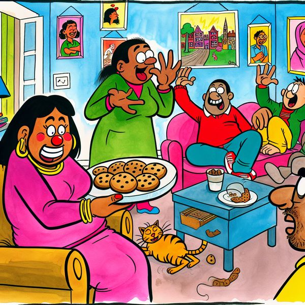 Vrienden in een gezellige woonkamer met zelfgemaakte koekjes Cartoon scene of friends in a cozy living room with one holding cookies and another dismissing help