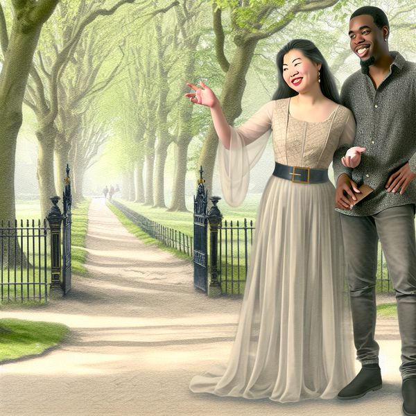 Vriendschap in het park: vrienden plannen een wandeling Twee vrienden in een park, in gesprek bij de ingang, met een lichte jurk en casual outfit, stralend en vriendelijke emoties.