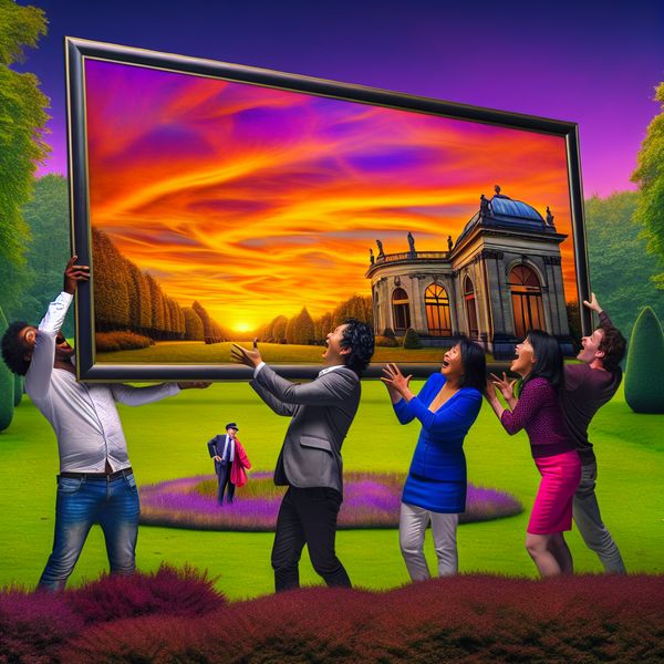 Een groep vrienden in een groene park, kijkend naar een grote afbeelding van een zonsondergang die één van hen vasthoudt.