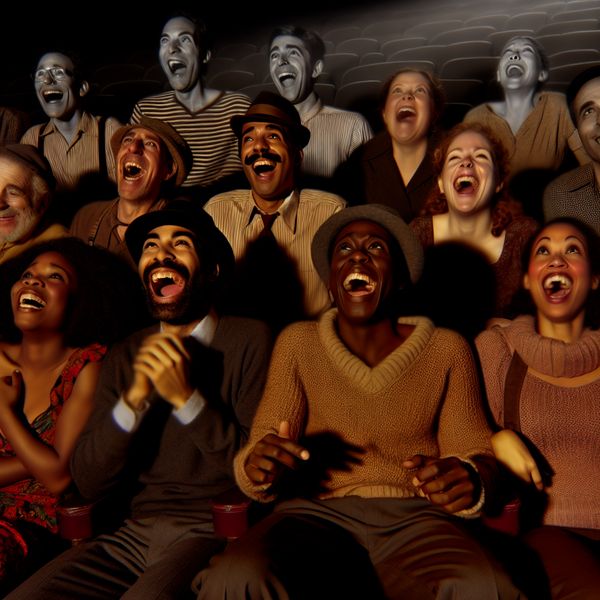 Een groep vrienden in een theater lacht uitbundig tijdens een komische film.