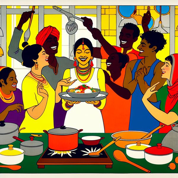 Vrolijke kookwedstrijd onder vrienden in een gezellige keuken Illustratie van vrienden in een gezellige keuken tijdens een kookwedstrijd, met deelnemers die vrolijk zijn en een prachtig gepresenteerd gerecht tonen.