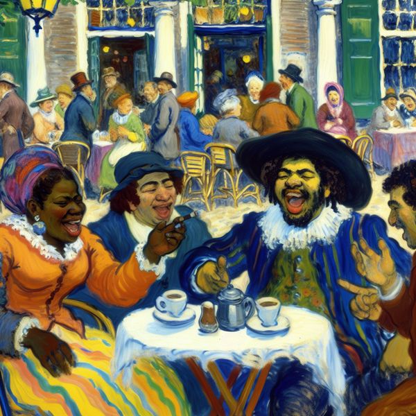Drie vrienden delen een luchtig gerucht in een levendig café