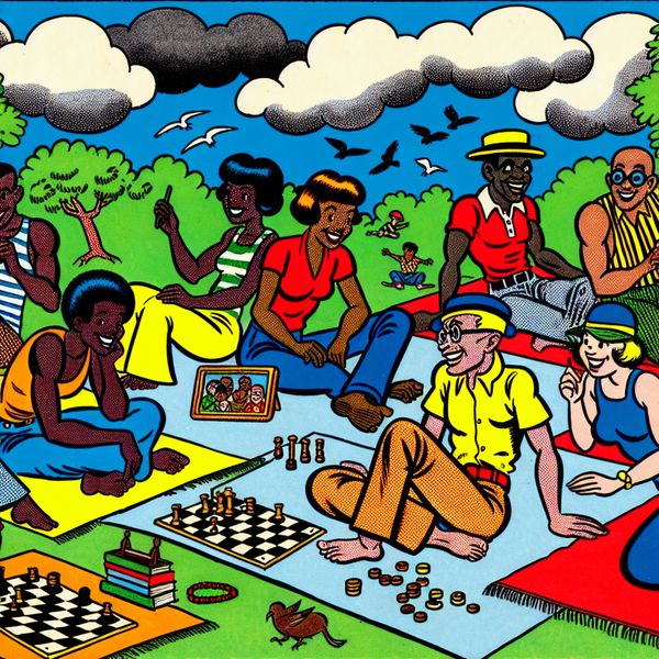 Een kleurrijke cartoon van vrienden die buiten ontspannen op een zonnige dag, met een projectiescherm en spelletjes.