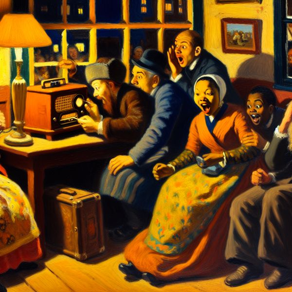 Vrienden Luisteren naar Nieuws in een Gezellige Woongkamer Groep vrienden in een gezellige woonkamer rondom een radio, intens luisterend naar nieuwsuitzending.