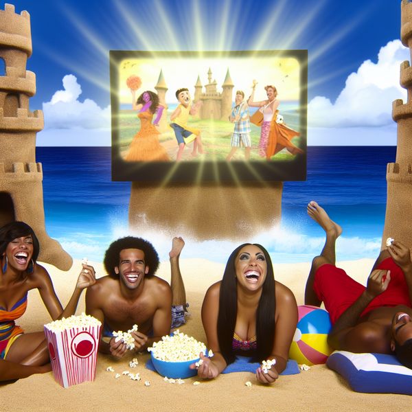 Vrienden op het strand kijken naar een vrolijke sandaalfilm Een kleurrijke cartoonachtige afbeelding van vrienden die ontspannen op een zonnig strand, lachend naar een grote, grappige film kijken terwijl ze popcorn houden.