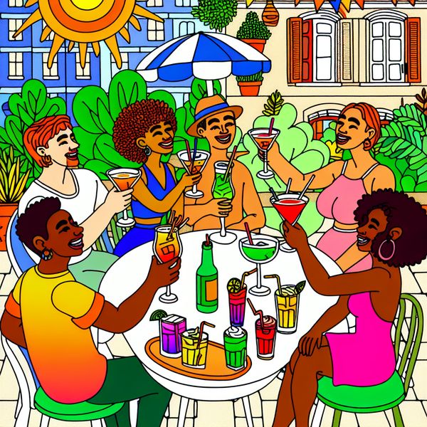 Vrolijke vrienden op een terras met kleurrijke dranken Een levendig cartoonachtige scène van vrienden die proosten met kleurrijke dranken op een terras in de zon.