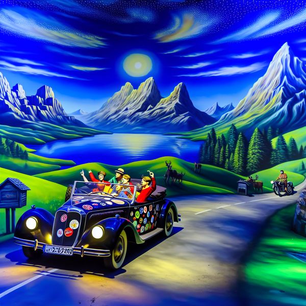 Vrienden in oude cabriolet op bergweg Vriendengroep rijdt met een oude cabriolet over een kronkelig bergpad, omringd door groene heuvels en blauwe lucht.