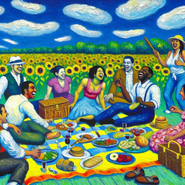 Groep vrienden geniet van een picknick met eten en spelletjes onder een blauwe lucht met zonnebloemen op de achtergrond