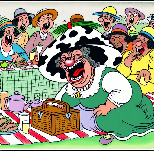 Een cartoonachtige afbeelding van een groep vrienden tijdens een picknick, waarbij een lachende vrouw met een koeienhoed wordt aangeduid als 'koe' door een andere vriend.
