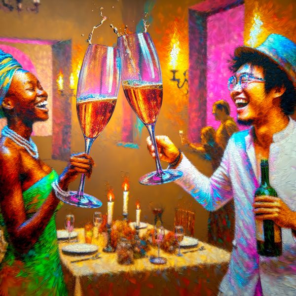 Vrolijke Toast Tussen Vrienden Tijdens een Feest Twee vrienden proosten met glazen champagne in een feestelijke setting.