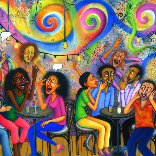 Twee groepen vrienden in een levendige caféomgeving, één groep roddelend met expressieve gezichten.