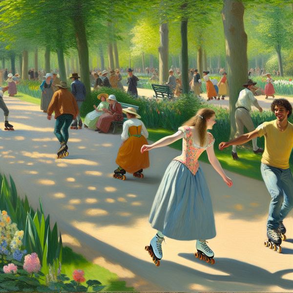 Vrienden Rolschaatsen in de Zon Vrienden die plezier hebben met rolschaatsen in een serene parkomgeving op een zonnige zaterdagmiddag.