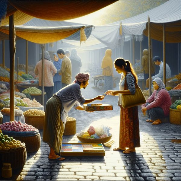 Vrienden ruilen boeken en bordspellen op de markt Twee vrienden ruilen een kleurrijk boek voor een levendig bordspel op een serene markt