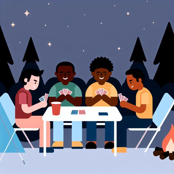 Vrienden Spelen Kaart in de Natuur Een groep van vier vrienden speelt kaarten om een kleine tafel bij een kampvuur onder een sterry nacht.