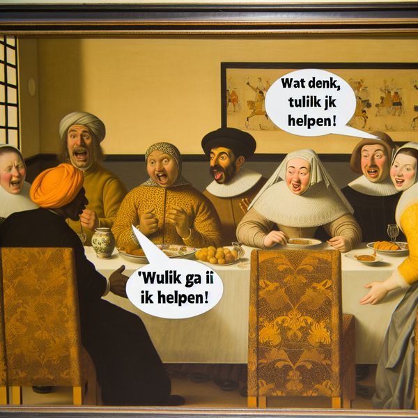 Gezellige groepsdynamiek bij het leren van Nederlands Groep vrienden aan een tafel met een warme uitstraling, één zegt 'Wat denk je, tuurlijk ga ik helpen!' terwijl een ander verrast kijkt.