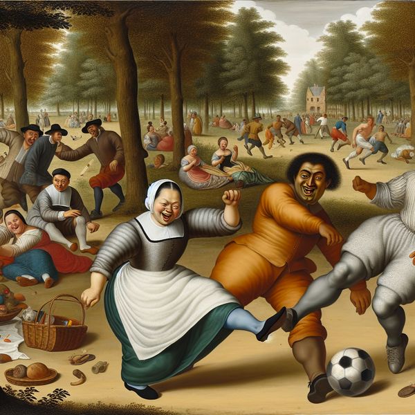 Een levendige en humoristische scène van vrienden die een zonnige dag genieten en voetbal spelen in het park, geïnspireerd door Jan Steen.