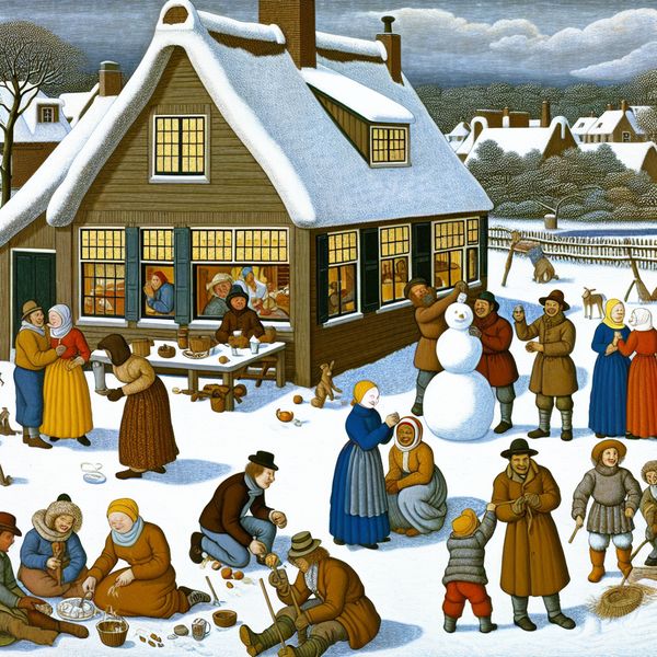 Een gezellige groep vrienden buiten een charmant, besneeuwd huis, bezig met het maken van sneeuwpoppen en het genieten van warme dranken.