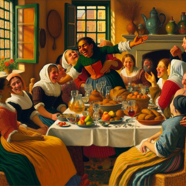 Een vrolijke en humoristische scène met een groep vrouwen rond een prachtig gedekte tafel in een warm huis, waar een vrouw een andere vrouw omarmt.