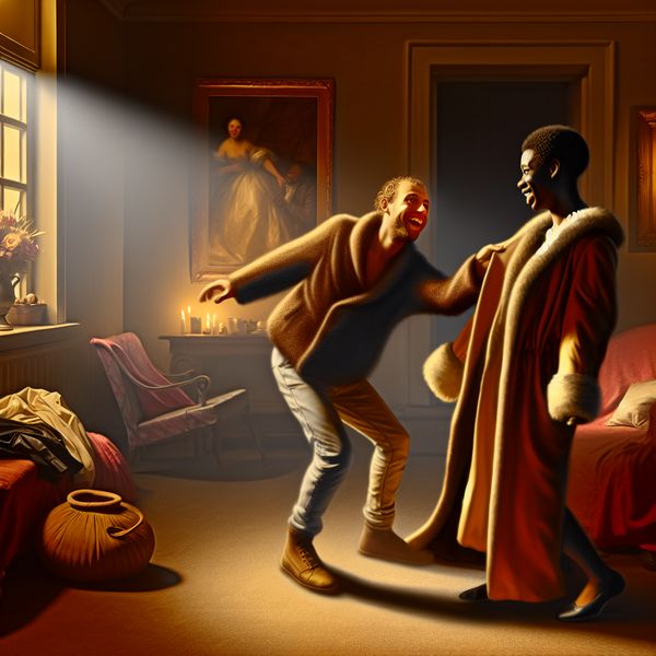 Vriendschap en Samenwerking in een Sfeervolle Kamer Twee vrienden in een sfeervolle kamer bereiden zich lachend voor op een uitje, met een elegant jasje dat van de ene naar de andere wordt doorgegeven.