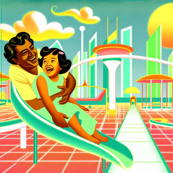 Vriendschap in een retro-futuristisch speeltuin Twee vrienden lachen samen op een kleurrijke glijbaan in een retro-futuristisch speeltuin op een zonnige dag.