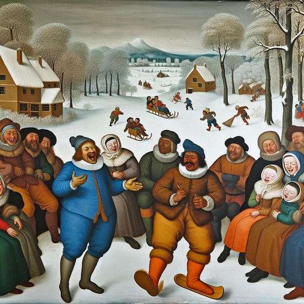 Vrolijke winterse scène met vrienden die lachen om de verhalen van een verteller in een besneeuwd landschap