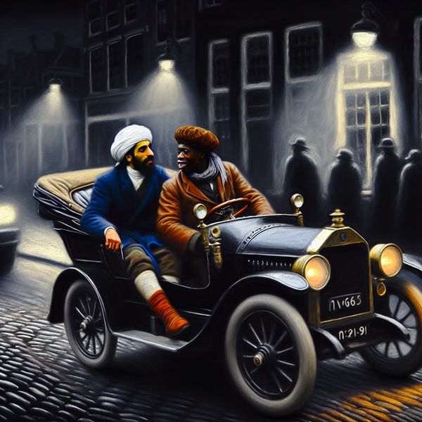 Vriendschap en Verkenning: Lift in een Vintage Auto Een man geeft zijn vriend een lift in een vintage auto tegen een bruisende stedelijke achtergrond.