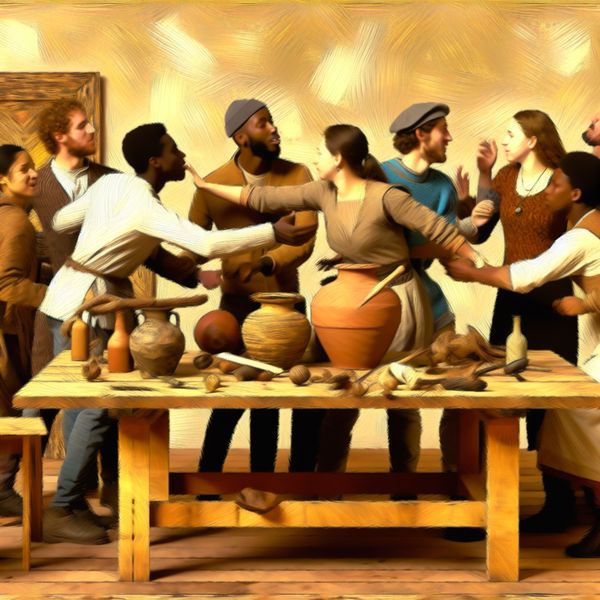 Vriendschap en Vertrouwen in Jan Steen Stijl Groep vrienden rond tafel in animatie en lach, Jan Steen stijl