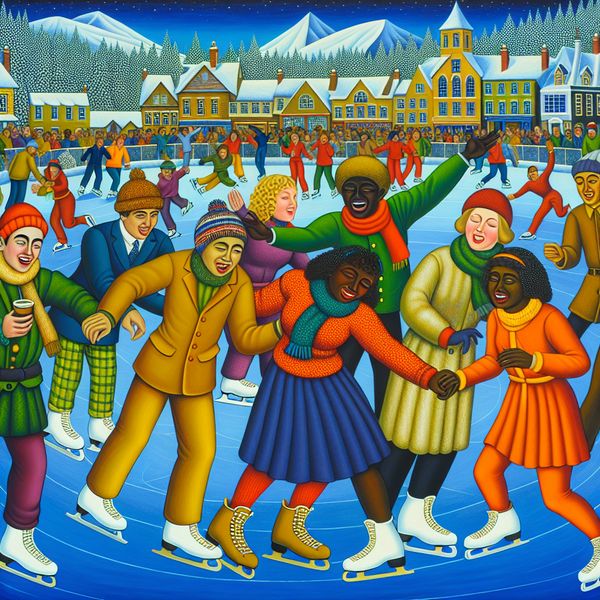 Vrienden genieten van een winterdag op de schaatsbaan, warm gekleed, met een achtergrond van een sneeuwbedekt stadje.