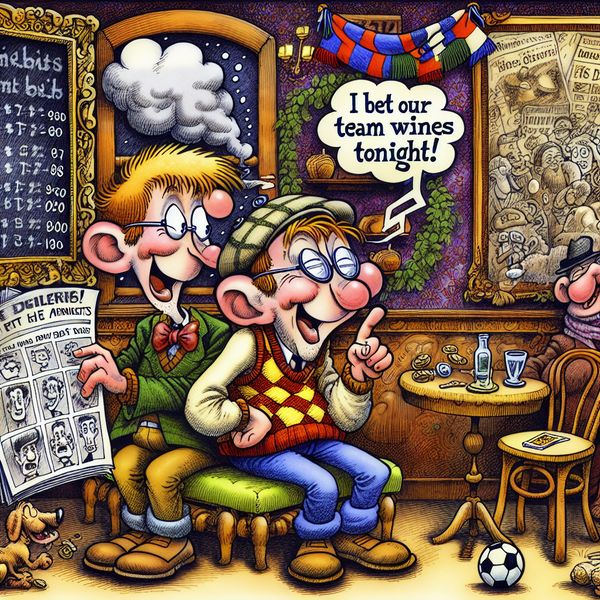 Twee cartoonfiguren maken een vriendschappelijke weddenschap over een Ajax-wedstrijd in een gezellig Nederlands café, met krant, munten en weerbericht als inzet