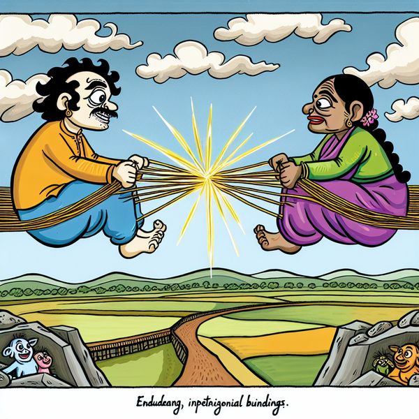 Vriendschapsbrug - Een kleurrijk en speels cartoonbeeld Een kleurrijke cartoon van een man en een vrouw aan weerszijden van een vriendschapsbrug, verbonden door gloeiende draden.