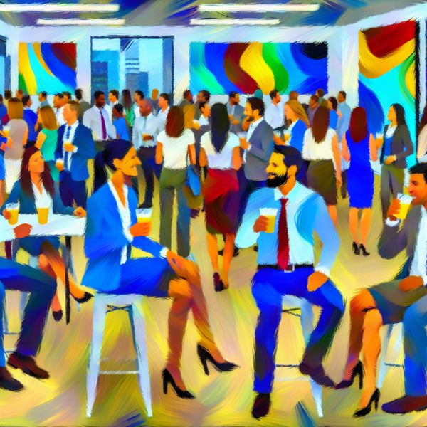 Vrolijke vrijdagmiddagborrel in kantoor Kantoorborrel op vrijdagmiddag met collega's in abstracte stijl