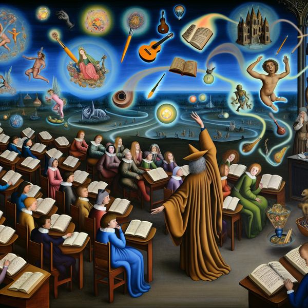 Vrijheid van handelen en denken in surrealistisch klaslokaal - Taal leren en creativiteit Surrealistisch klaslokaal in de stijl van Hieronymus Bosch met een middeleeuwse leraar en leerlingen omringd door zwevende creatieve objecten en fantasiewezens, symboliserend vrijheid van handelen en denken