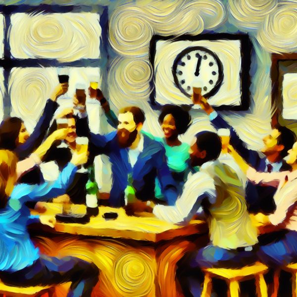 Vrijmibo kantoorborrel in Van Gogh stijl Een gezellige kantoorborrel op vrijdagmiddag met collega's die samen een drankje doen