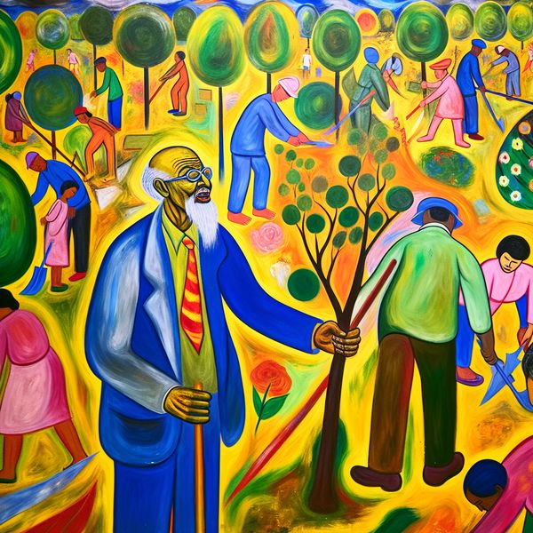Abstracte afbeelding van een blije gepensioneerde man die volunteerwerk doet in een zonnig park, omringd door andere vrijwilligers en kinderen.