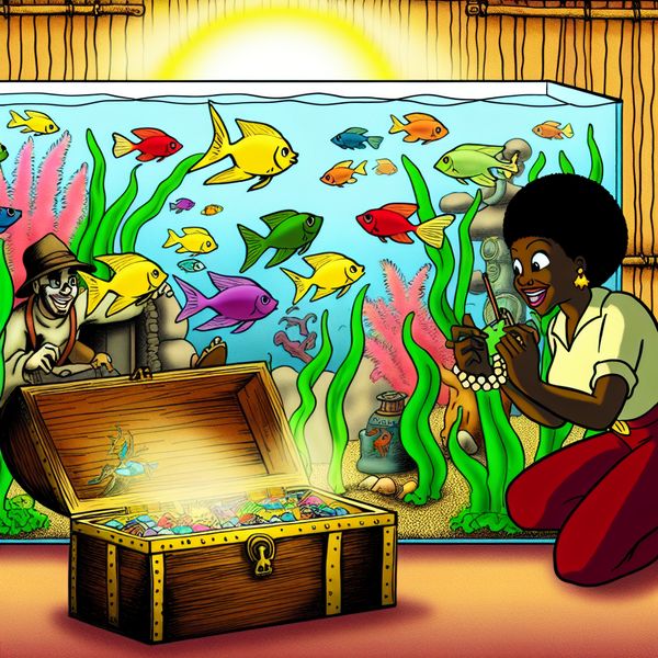 Vrolijk aquarium met kleurrijke vissen en liefhebber Een vrolijke cartoonafbeelding van een aquarium met kleurrijke vissen en een enthousiaste persoon die observeert.