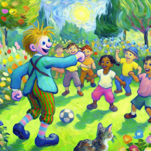 Vrolijk buurmannetje helpt kinderen spelen in de tuin Een vrolijke buurman knielt in een zonnige tuin, spelend met lachende kinderen en een nieuwsgierige kat
