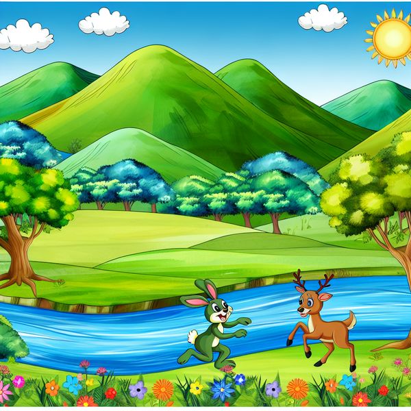 Vrolijk cartoonachtig landschap met dieren en natuur Speelse cartoonachtige omgeving met groene heuvels en een rivier, met een konijn en een hert.