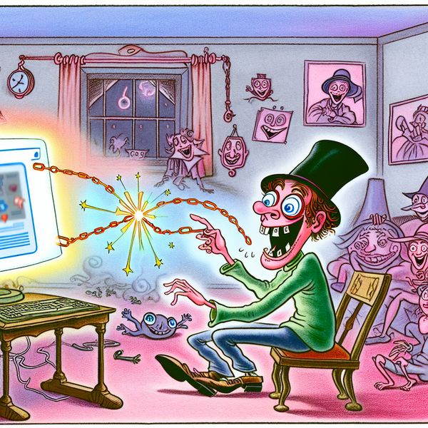 Vrolijk cartoonbeeld van een personage dat een social media link deelt Een cartoonachtig personage dat enthousiast een link deelt op een computer, omgeven door vrolijke details.