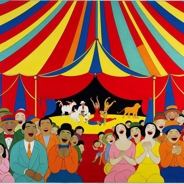 Vrolijk circus met kleurrijke tent en blije bezoekers Vrolijk circus onder een kleurrijke tent met blije mensen en performers